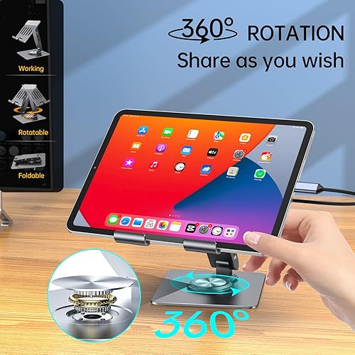 Miniatura 8 de Adjustable Tablet Stand with USBC Hub 7-in-1, Aluminum Tablet Holder with Docking Station, 360° Swivel Base, 4K HDMI, 100W PD Charging, USB 3.0,