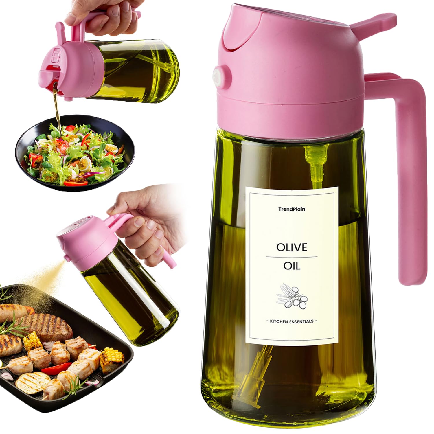 TrendPlain - Original 16oz/470ml Olive Oil Dispenser Bottle for Kitchen Gadgets and Air Fryer Accessories - Olive Oil Sprayer for Cooking w/Stickers - Bubblegum