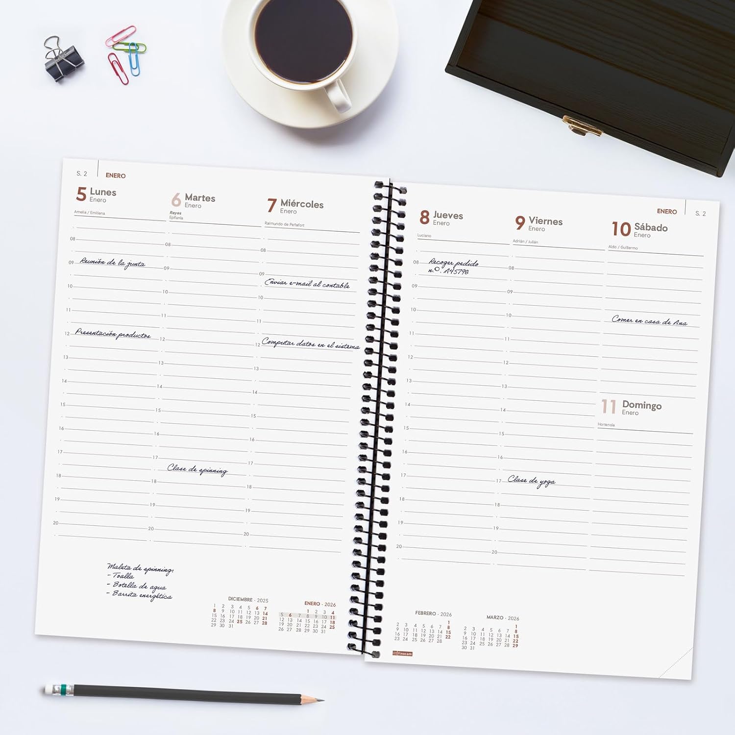 Finocam - Andrea 2026 Open Leather Organiser Agenda Week to View Vertical January 2026 - December 2026 (12 months) Spanish Blue