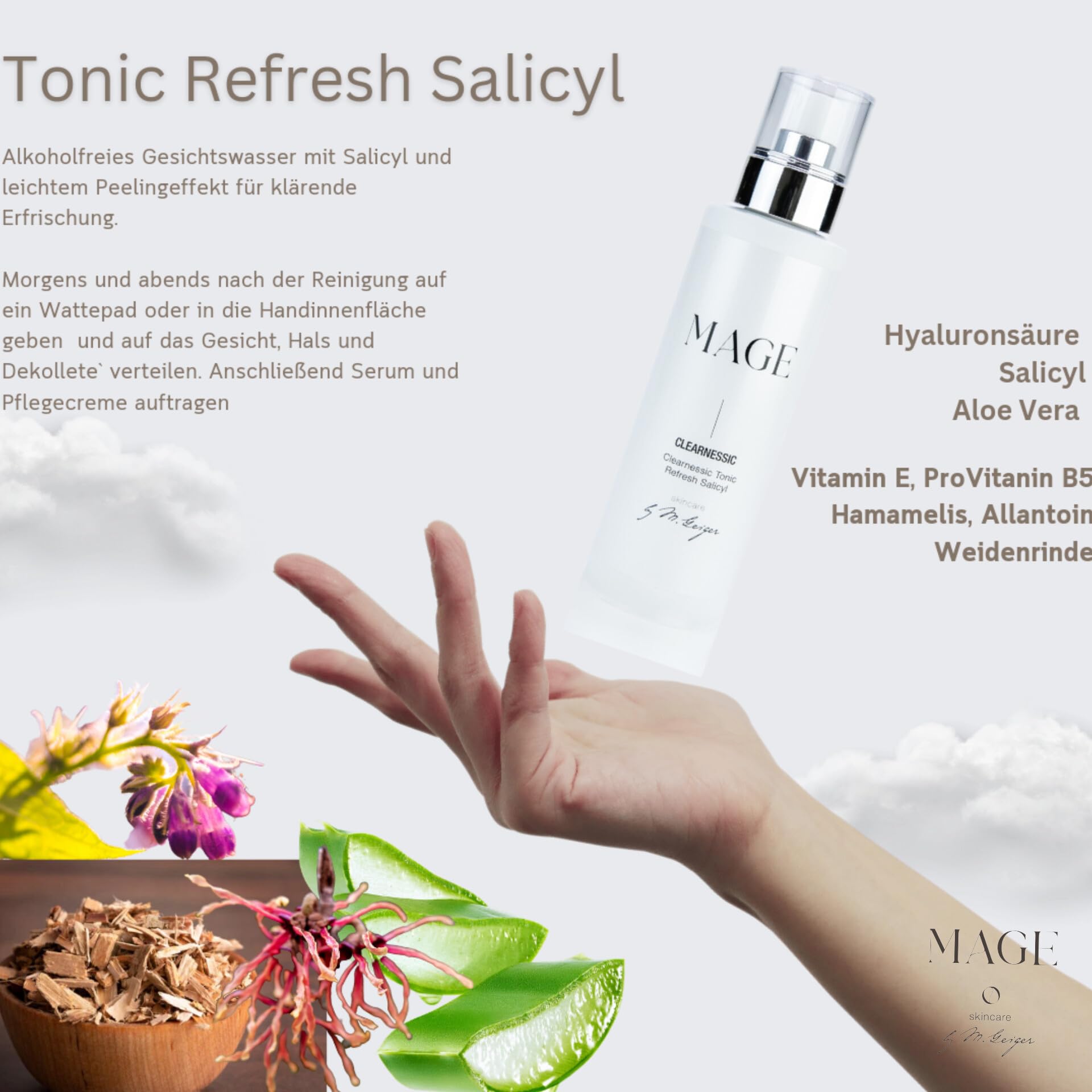 MAGE Tonic Refresh salicílico, tónico facial aclarante con efecto exfoliante, actúa contra la inflamación y el envejecimiento, hidratante, equilibrador de la piel facial, vegano, fabricado en Alemania
