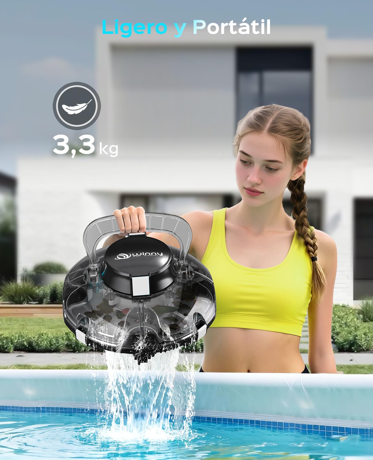 WINNY POOL CLEANER Winny 200 – Robot Limpiafondos Inalámbrico, Doble Filtración, Estacionamiento Aut., 80 Min Autonomía, Piscinas Desmont. hasta 60 M², Compacto Y Ligero(Negro Tinta-Blanco)
