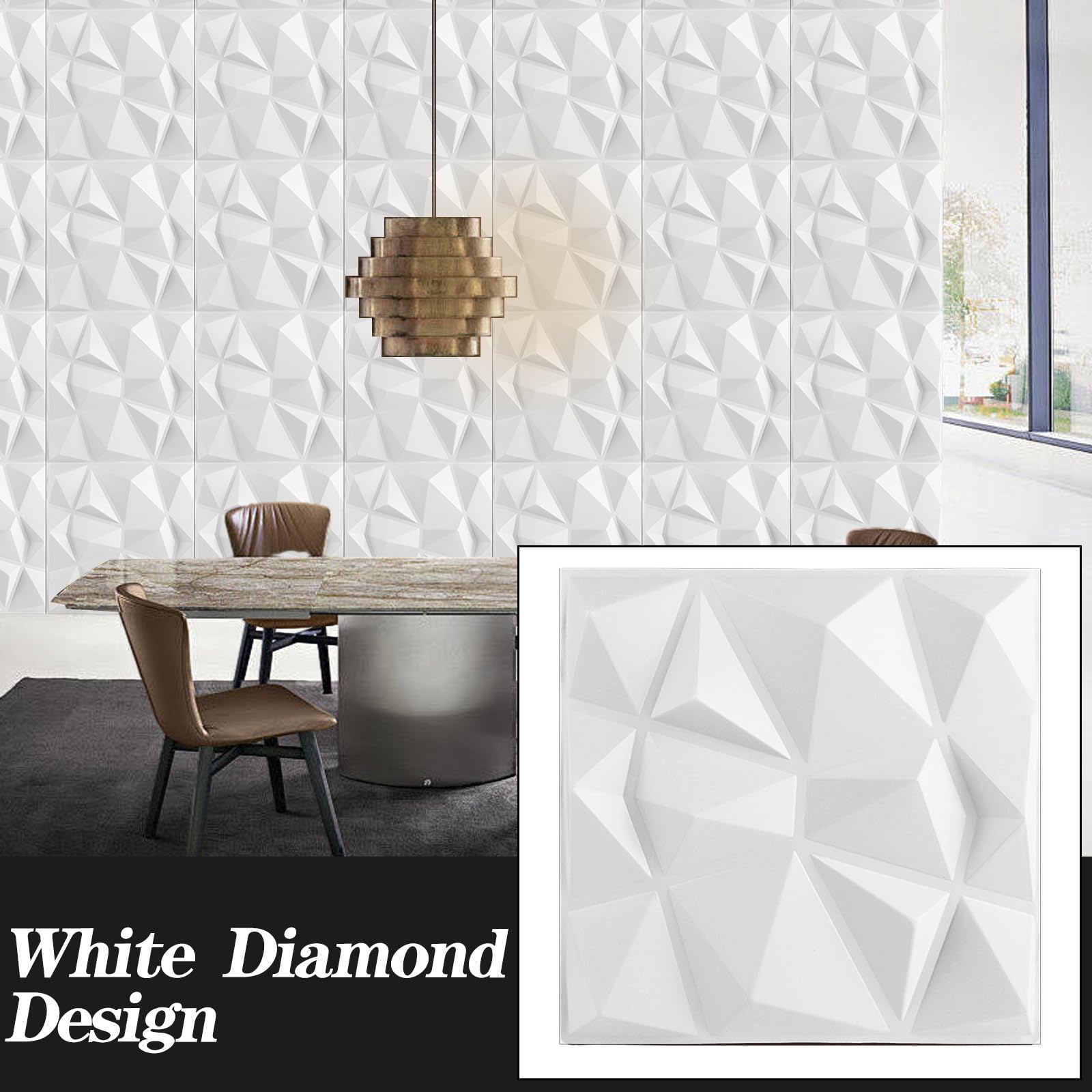 AKOLAFE 30 pannelli da parete adesivi 3D, 30 x 30 cm, pannelli fonoassorbenti con design a diamante bianco, pannelli da parete per videogiochi, adesivi da parete fai da te, pannello da parete in PVC