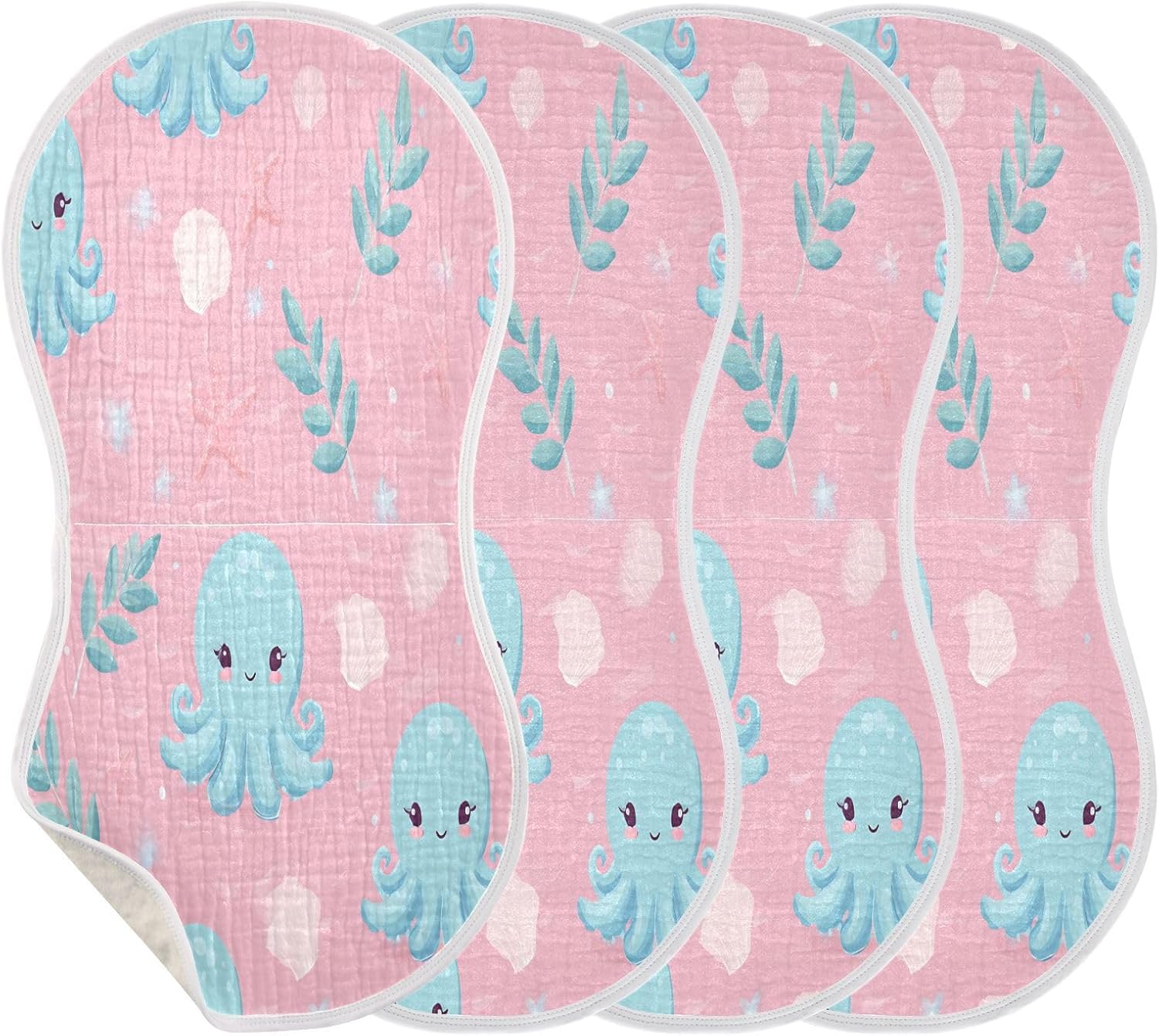 Cute Blue Octopus Pattern Baby Burp Cloths -4Pcs Soft Absorbent Muslin Washcloths Bibs Face Towel for Newborn Boys Girls 22 x 11 Inch