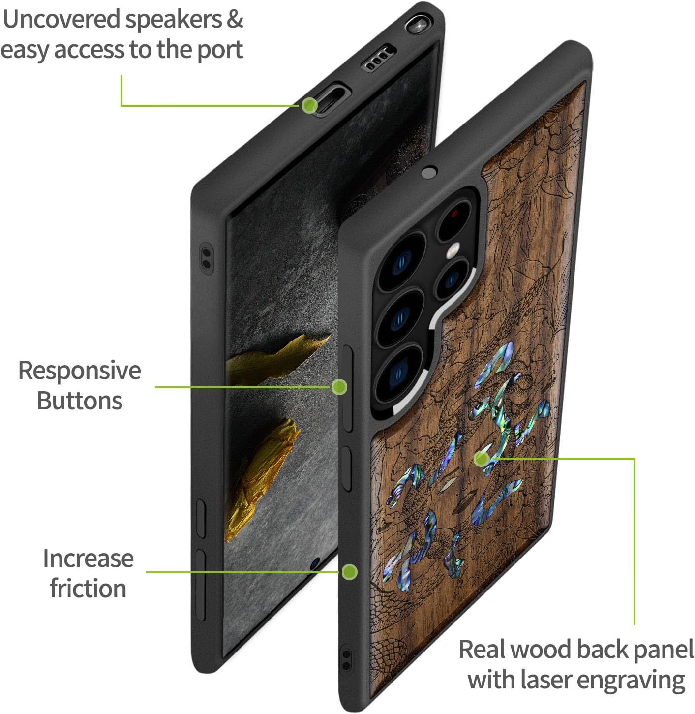 Carveit Designer Wooden Case for Samsung Galaxy S23 Ultra Cover [Wood Engraving & Shell Inlay] Compatible with Wireless Chargers S23 Ultra Case (The Medusa Enigma-Walnut)
