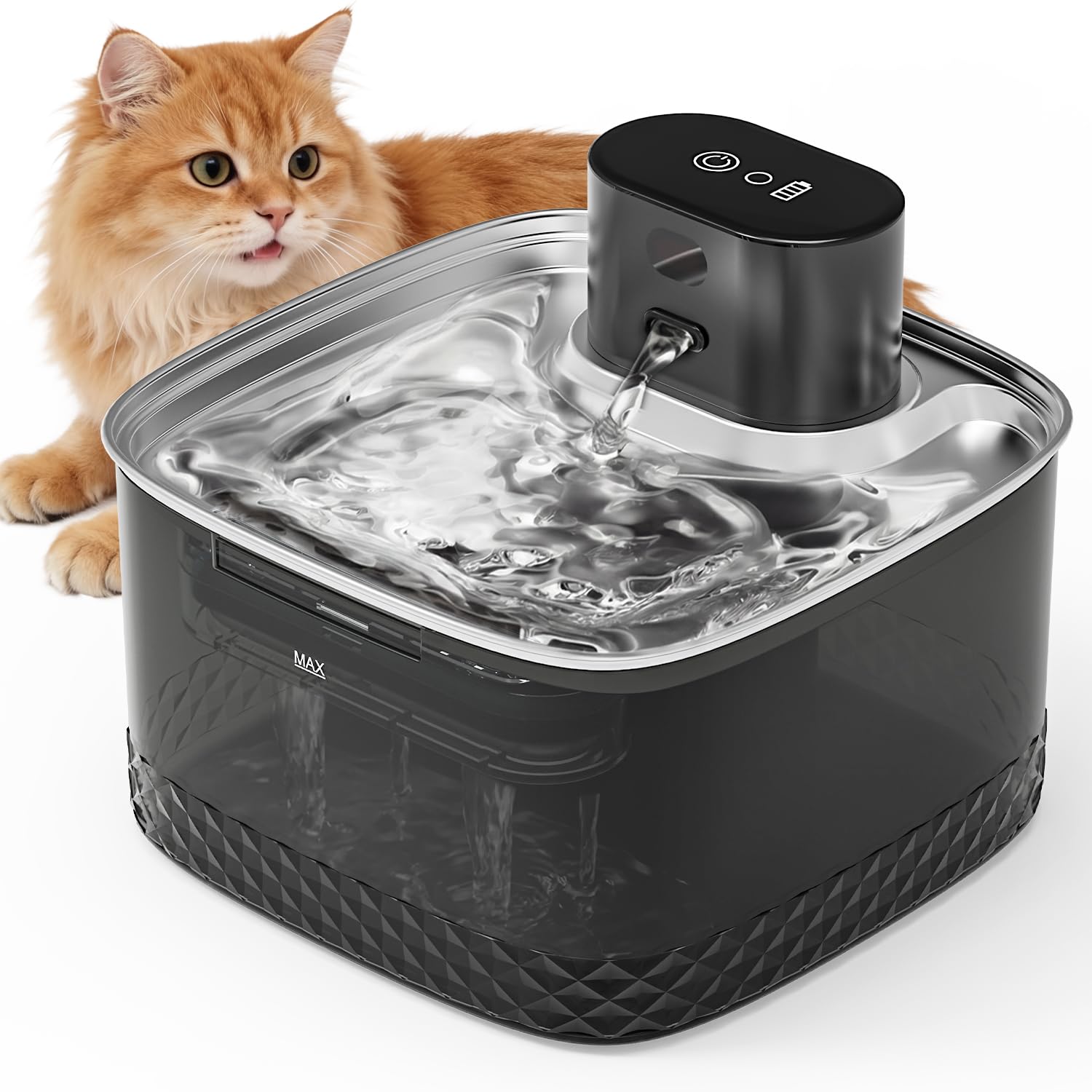 Petinstinct Wireless Cat Water Fountain, 2L Rechargeable Pet Fountain with Stainless Steel Tray, Ultra Quiet Pump, Motion Sensor & Anti-Dry Burn, Auto Water Dispenser for Cats Dogs, Black (1 Filter)