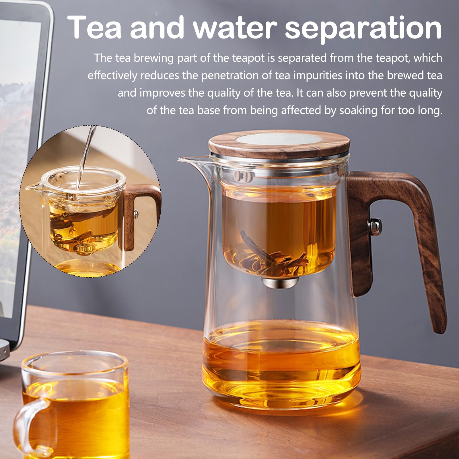 Teiera in Vetro con Infusore Ysislybin, Teiera Magica con Separazione dell'Acqua e Manico in Finta Legno, 800 ml