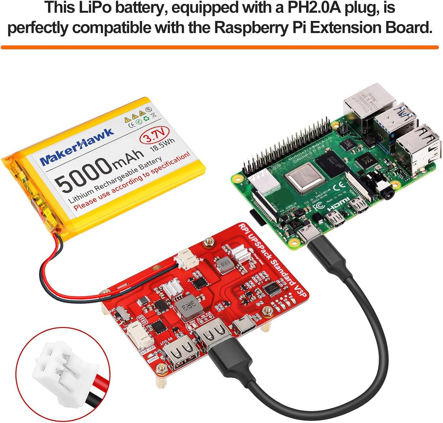 MakerHawk 3.7V 5000mAh LiPo Battery Rechargeable 1S 105080 Lithium Polymer Battery with Protection Board Insulated Rubber Tape, JST2.0 Plug for Arduino ESP32 Board RPI Battery Pack UPS (1 Pack)