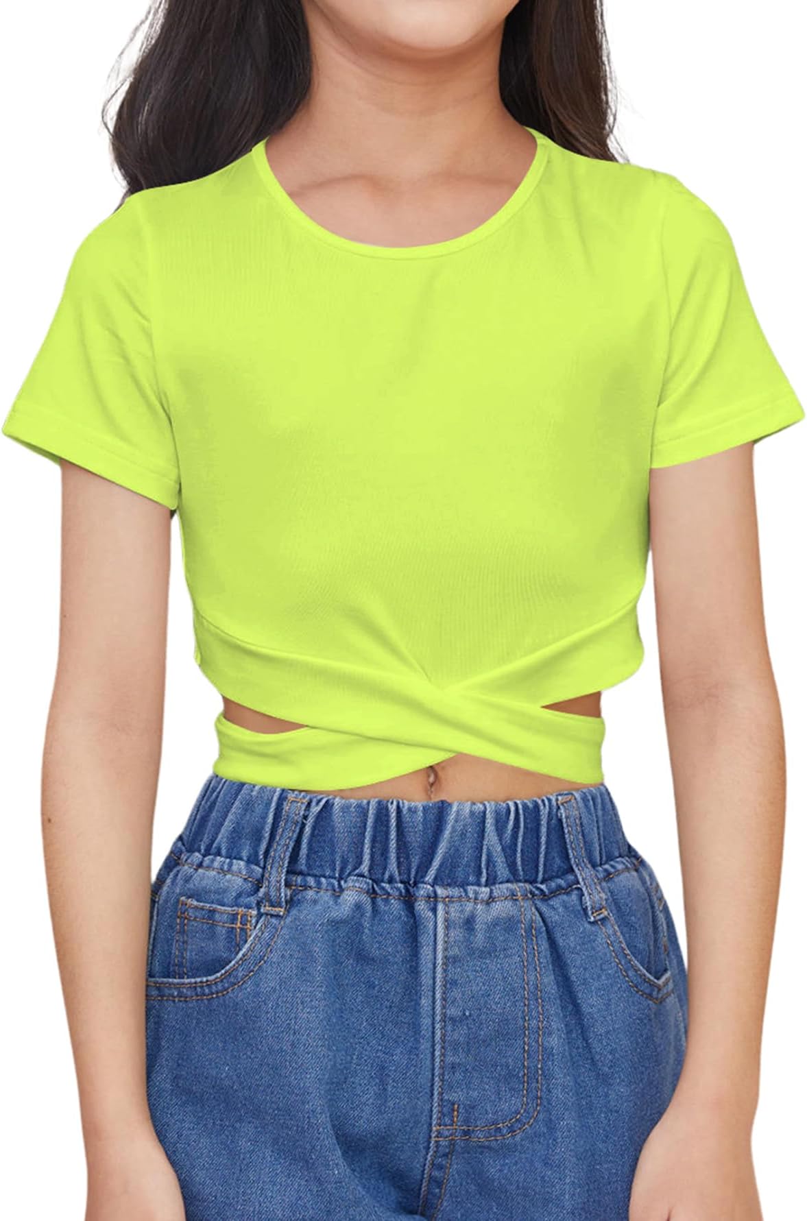 OYOANGLE Girl's Cute Crisscross Short Sleeve Cutout Solid Crop Top Tee T-Shirts