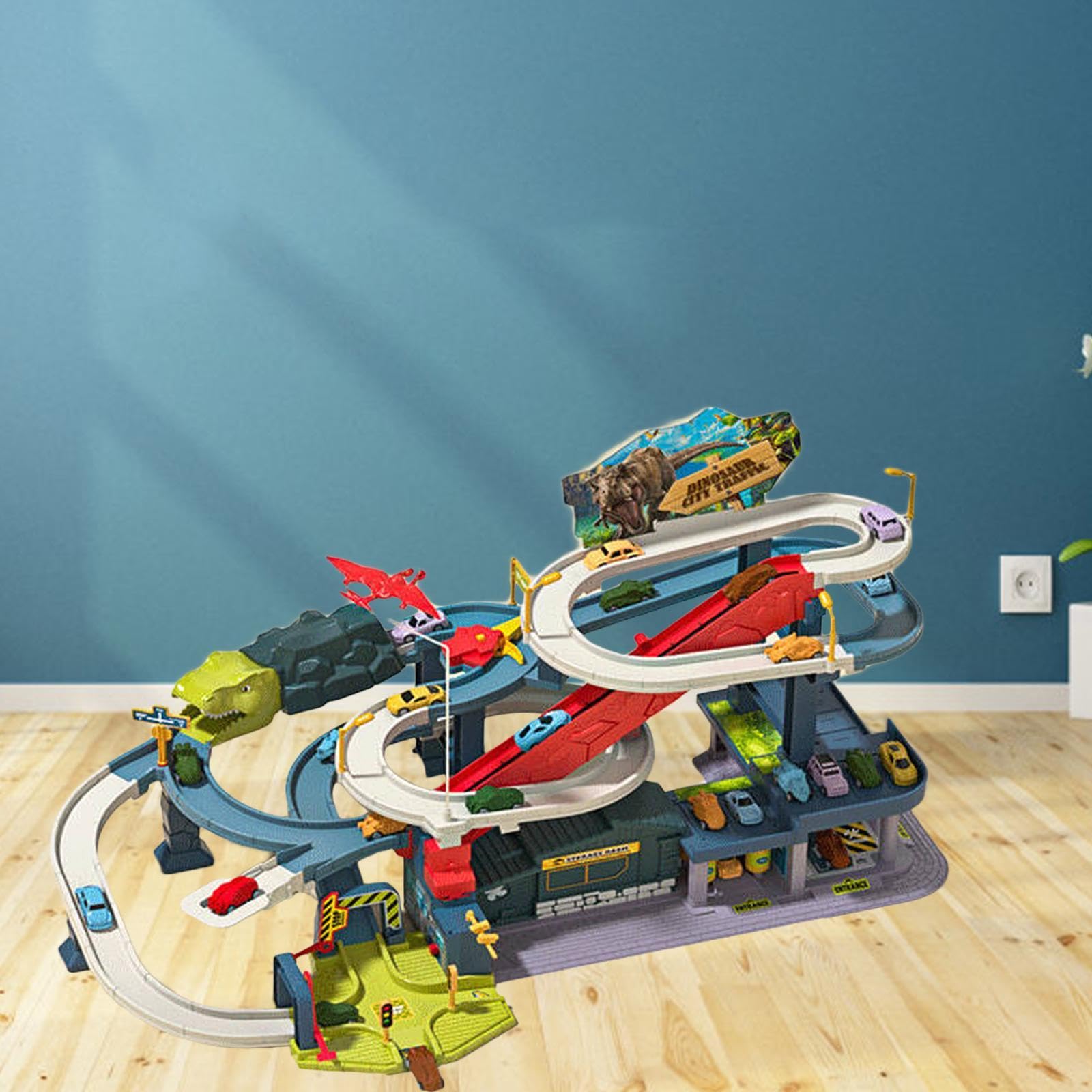 Dinosaurier Rennbahn Set, Pädagogische Spielzeugfahrzeuge für Kinder, Stadt