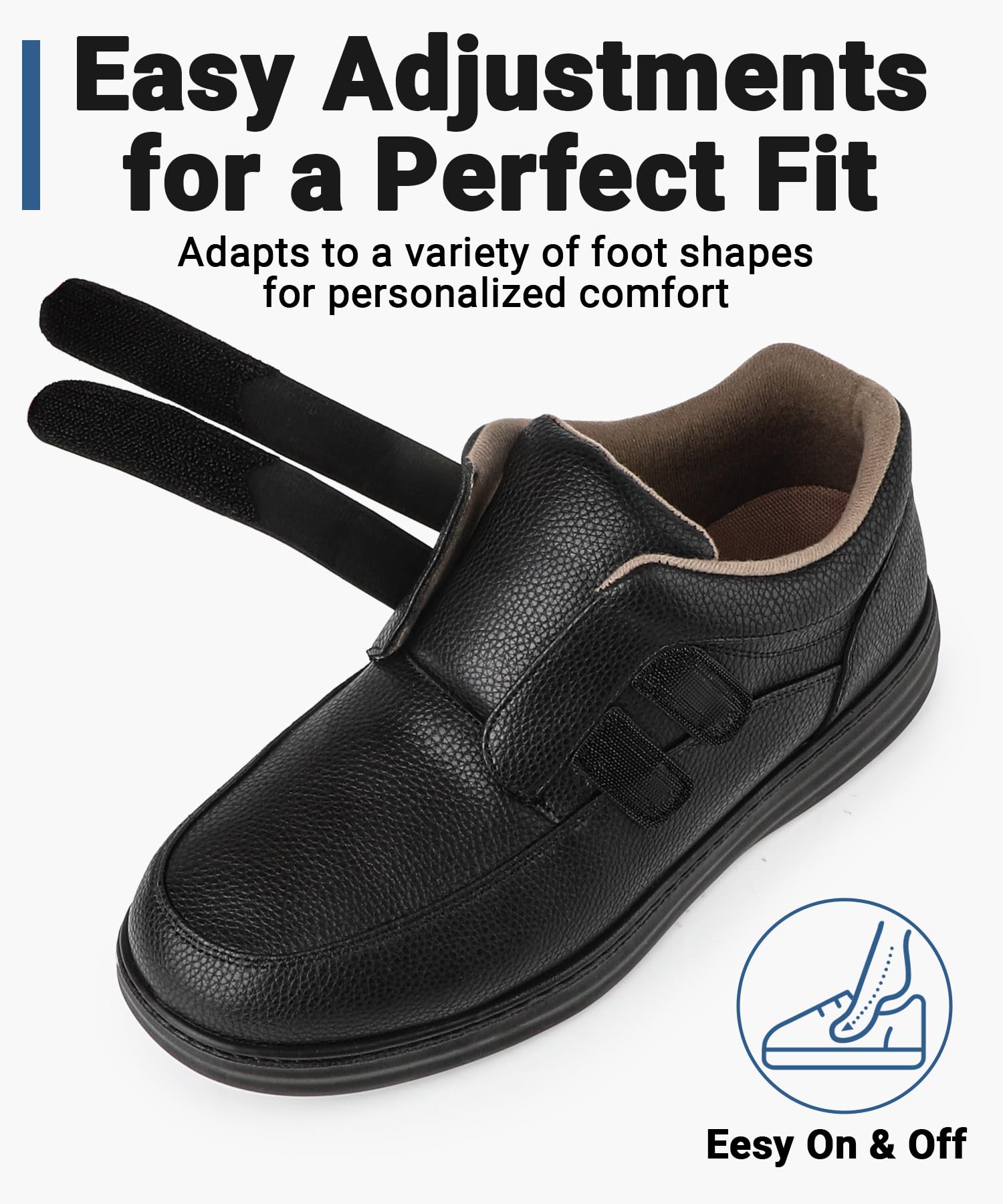 Herren-Leder-Slipper für Diabetiker & geschwollene Füße – verstellbarer Klettverschluss Wander-Sneaker, bequemes Kleid, lässige Oxford-Schuhe für Business