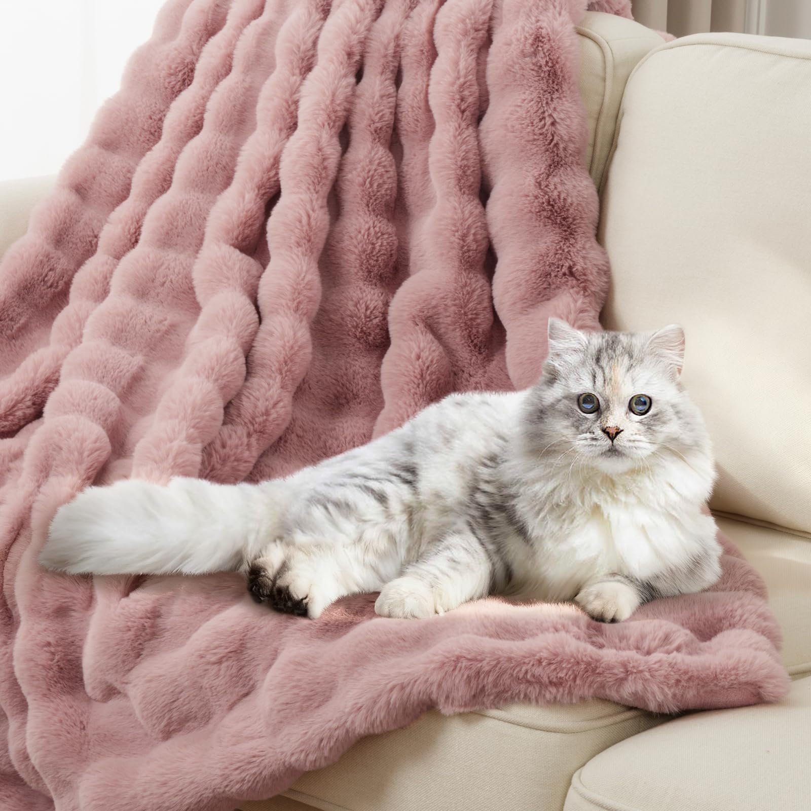 Enyhom Bubble Decke 152x203 cm Rosa, Kaninchen Fellimitat Flauschig Weiche Warme Kuscheldecke, Sofadecke für Sofa Couch Bett Haustier Schlafzimmer Wohnzimmer Deko