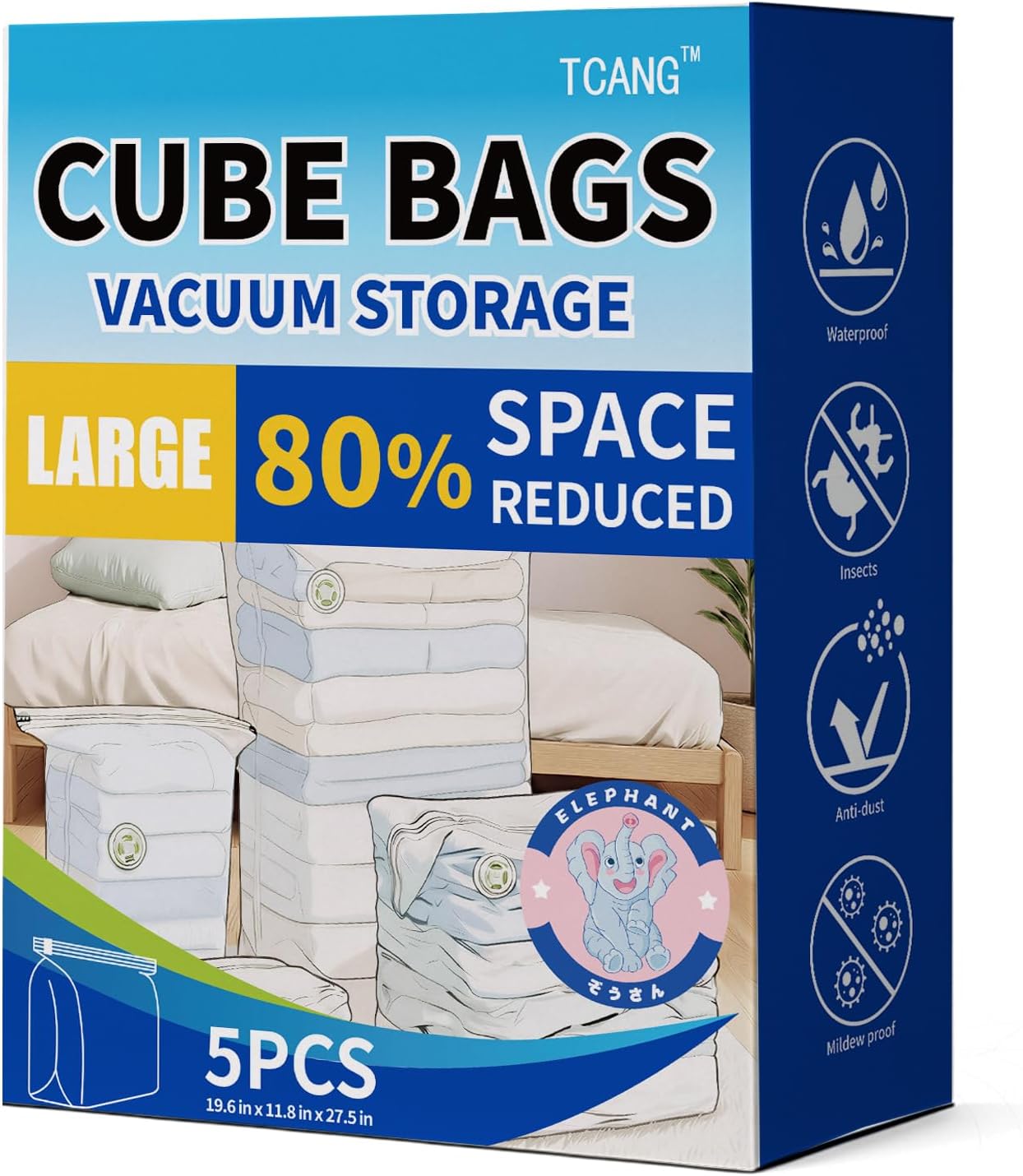 5 PACK Cube Vacuum Storage Bags,Large Cube (19.6 * 27.5 * 11.8 Inch), Extra Large Vacuum Seal Bags for Clothing, Comforters, Blankets, Bedding, Closet Organization Space Saving