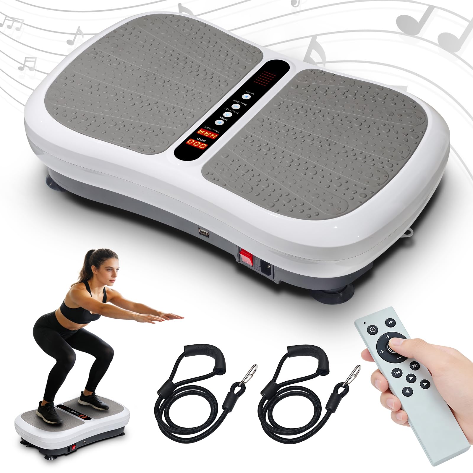 Triclicks Fitness Plataforma Vibratoria Ultra Slim, Plataforma de Vibración con Altavoces Bluetooth + Reproductor de Música USB + 180 Niveles+2 Bandas de Entrenamiento