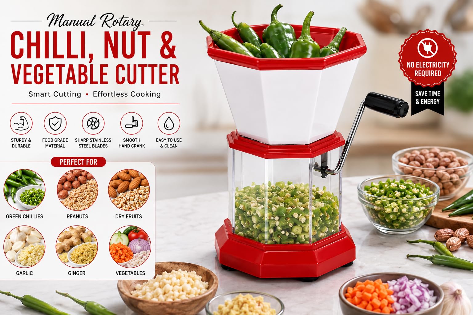 Red Manual Food Chopper - Fast & Easy Prep -6