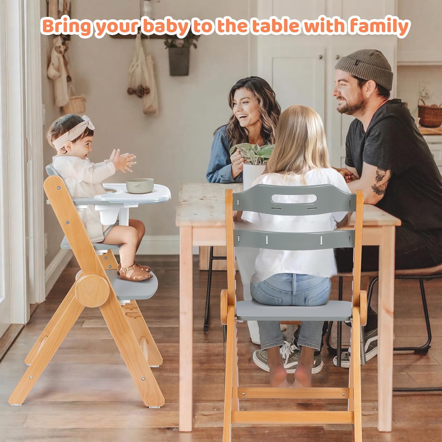 Ezebaby Wooden High Chair Grow with Your Child, Foldable Baby High Chair with Adjustable Seat and Footrest Heights, High Chair for Babies and Toddlers with Cushion and Large Double Layer Tray(Grey)