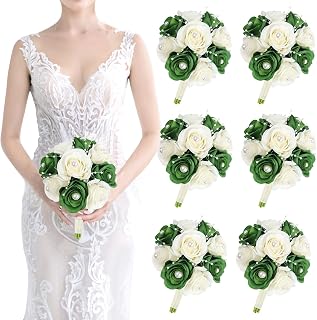 Wedding Bridesmaids Bouquets Set of 6-7 Inch Artificial Flowers Bouquets for Bridesmaids Pre-Made Faux Small Floral Bouquets Bridal Shower, Wedding, Ceremony, Anniversary - Emerald Green & White