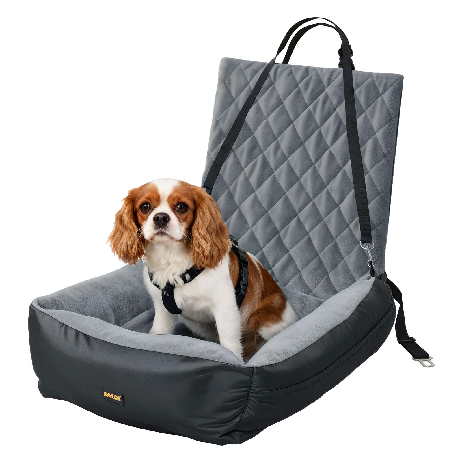 Skylos Plush Small Dog Car Seat, Waterproof Pet Booster Seat Travel Bed with Storage Pocket, Safety Leash, Non-Slip Base, Soft Puppy Car Bed, Grey