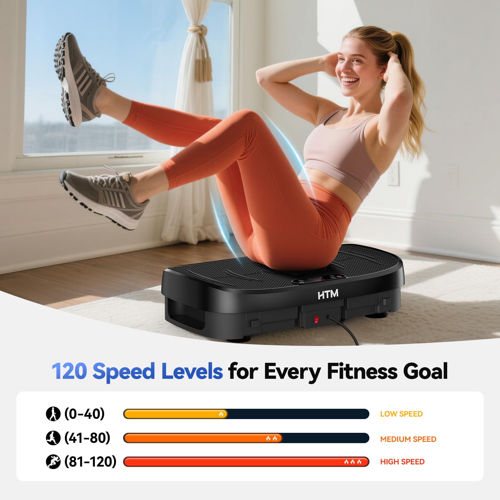 HTM Vibrationsplatte Fitnessgerät Gebogene, Ganzkörper Rüttelplatte Mit 150W Motor, Widerstandsbändern, Belastbar Bis 330 Pfund, 120 Geschwindigkeitsstufen, Leiser Vibrationsplate mit Fernbedienung