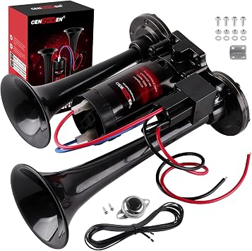Air Horn for Car/Trucks, 150dB Super Loud Train Horn,with All-in-One 12V Air Compressor,Car Horn-Universal Fit for Any 12V SUV/Motorcycle/Trucks/Pickup/Boats black with button