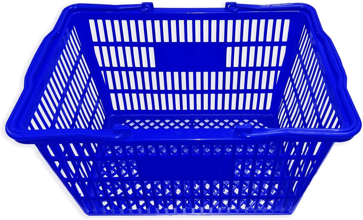 Stackable Plastic Shopping Baskets, Red and Blue, Easy-Grip Handles for Grocery, Retail, Liquor Stores, Home Use (6-pack, Blue)
