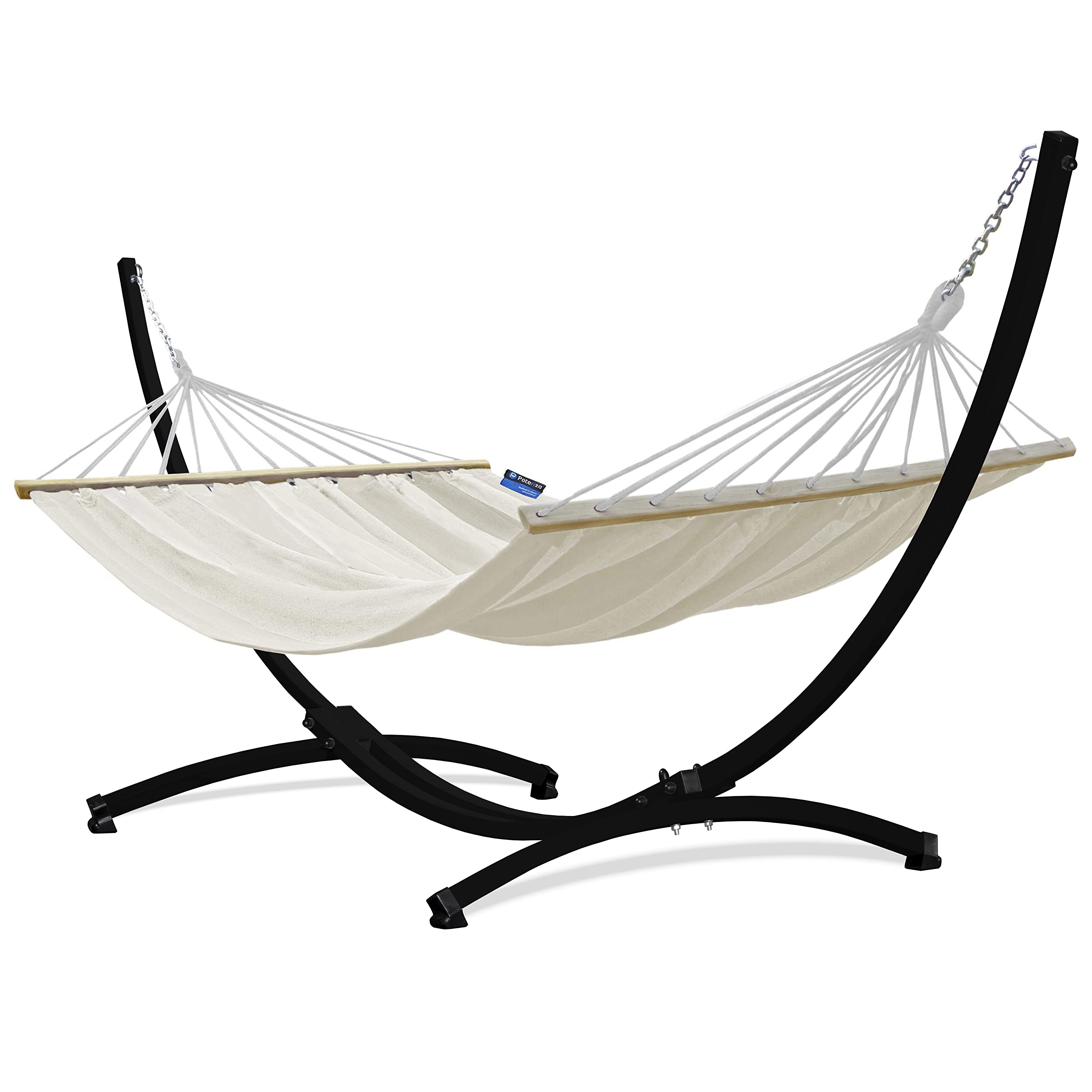 Potenza Hamaca con Soporte Incluido en Jardin, de Tela Multicolor, para 2 Personas Doble I Grande Soporte Capacidad de 220 Kg I Hamaca con Barra 220x160 cm (Cremoso, Soporte Negro)