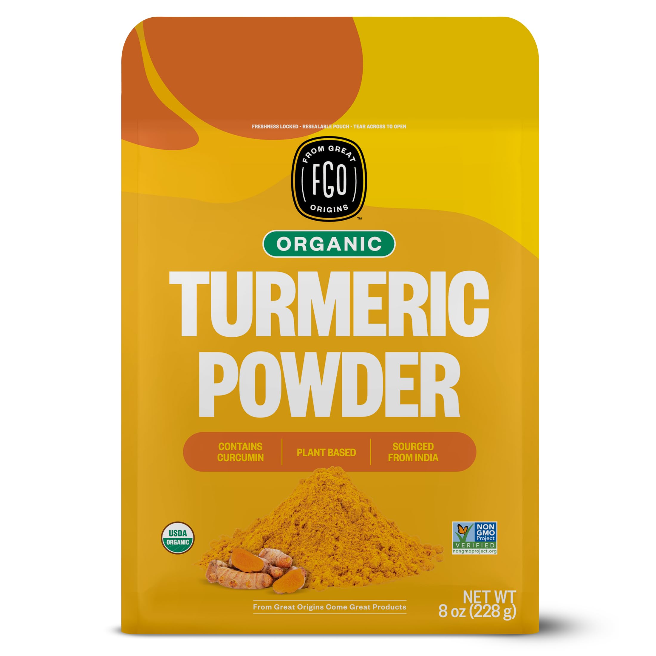 FGO Feel Good Organics Lab Tested for Purity Resealable Kraft Bag Organic Turmeric Root Powder with Curcumin,8oz/226g