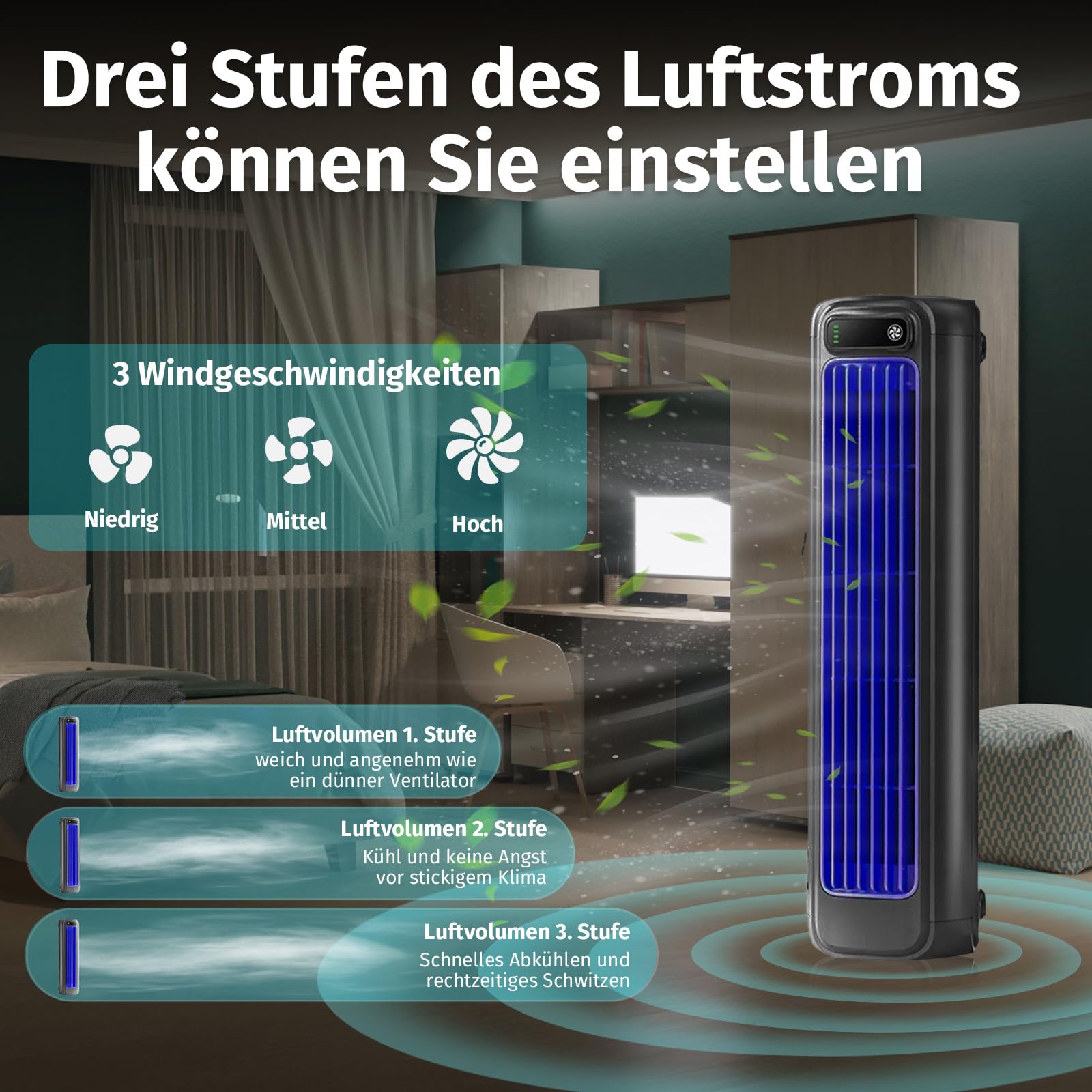 Festberg Cooling Ace Kabelloser Bladeless Turmventilator 3 Geschwindigkeiten Leiser Tischventilator Schlafzimmer