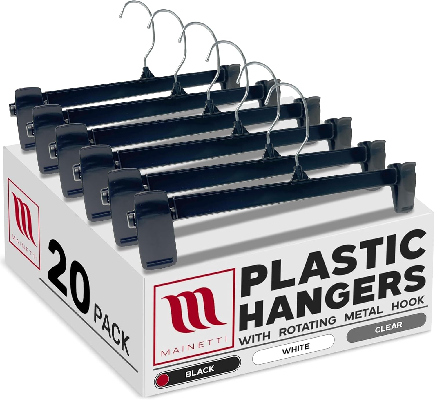 Mainetti Black Plastic Clothes Hangers 50 Pack | 12-Inch Space Saving Hangers with 360 Swivel Metal Hook & Non-Slip Clips | Closet Hangers Ideal for Pants, Skirts, Slacks and Shorts (6012BRSEMN50)