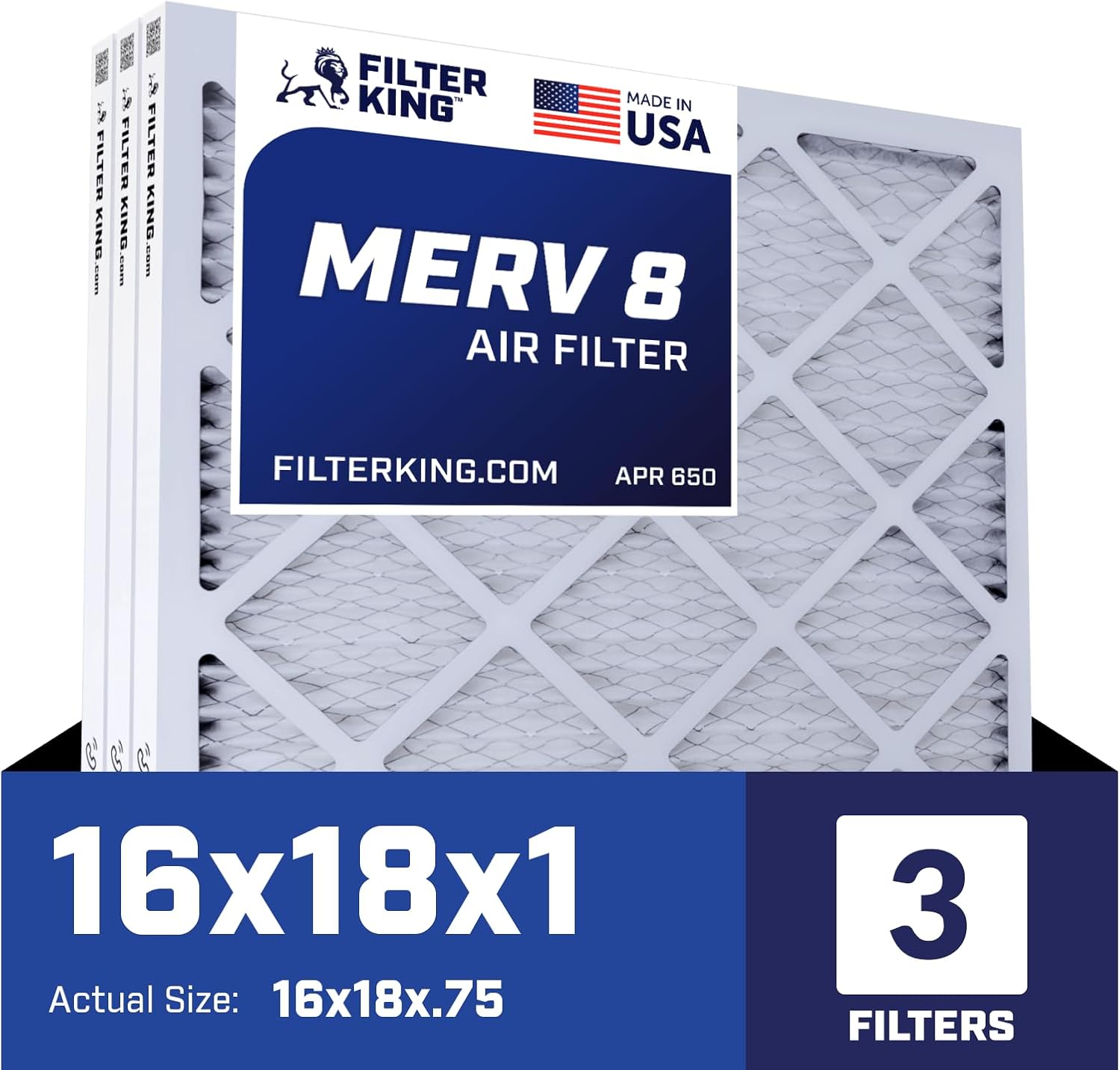Filter King 16x18x1 Air Filter | 3-PACK | MERV 8 HVAC Pleated A/C Furnace Filters | MADE IN USA | Actual Size: 16 x 18 x .75"