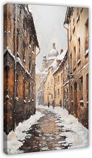 ZGFANQ Snowy Village Street Vintage European Town Scene, Rustic Winter Poster Canvas Poster Wall Art Decor Print Picture Paintings for Living Room Bedroom Decoration Frame 12x18inch