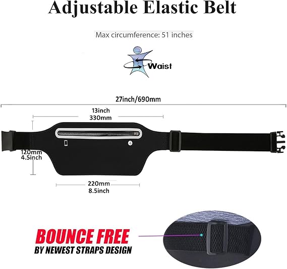 Fanny Packs for Women,Waterproof Fanny Pack for Men,Adjustable Running Belt Waist Pack Slim Expandable Pocket Belt,iPhone Running Holder Cell Phone Elastic Waist Pouch Bag for Galaxy Black