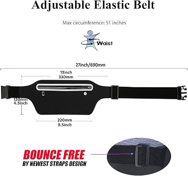 Fanny Packs for Women,Waterproof Fanny Pack for Men,Adjustable Running Belt Waist Pack Slim Expandable Pocket Belt,iPhone Running Holder Cell Phone Elastic Waist Pouch Bag for Galaxy Black