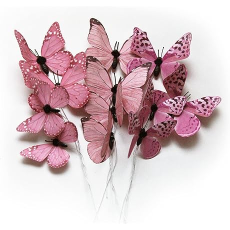 12 Pack Butterfly Decorations: DIY 3D Butterfly Stakes Decor Light rose red for Flower Arrangements