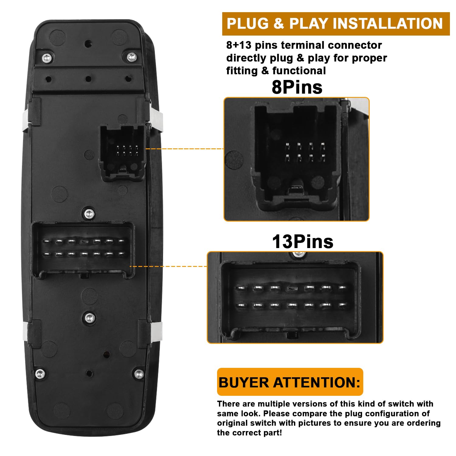 Left Driver Side Master Power Window Control Switch for Dodge Journey 2011 2012 2013 2014 2015 2016 Replaces 68084001AD, 68084001AC, 68084001AB, DWS1893, 901486, 8 Pins+13 Pins Please Check Plug Pins