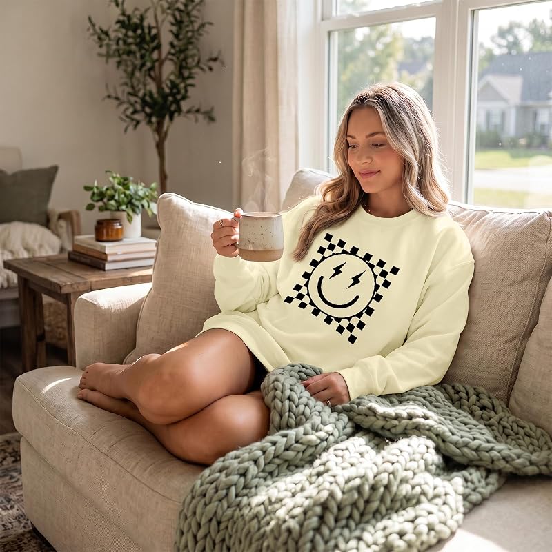 veufcyas Oversized Graphic Sweatshirts for Women Smile Face Sweatshirt Cute Crewnecks Pullover Casual Loose Long Sleeve Tees(Apricot,M) image 5