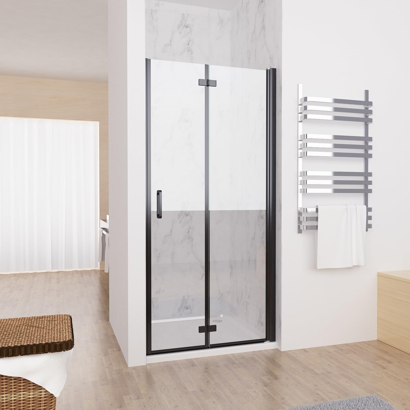 MIQU Nischentür 90 x 185 cm Duschabtrennung Faltbar Duschwand für Dusche Matt Schwarz Pendeltür Falttür Duschtür aus 5mm ESG Glas Rahmenlos duschtrennwand ohne Duschwanne