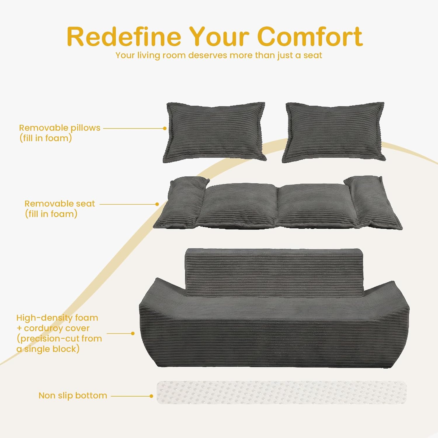 59" Boneless Loveseat Sofa, 2-Seater Gray Boneless Sofa with Removable Cushions & 2 Pillows, Small Couch Boneless Compress Foam Sofa for Living Room, Apartments, & Office