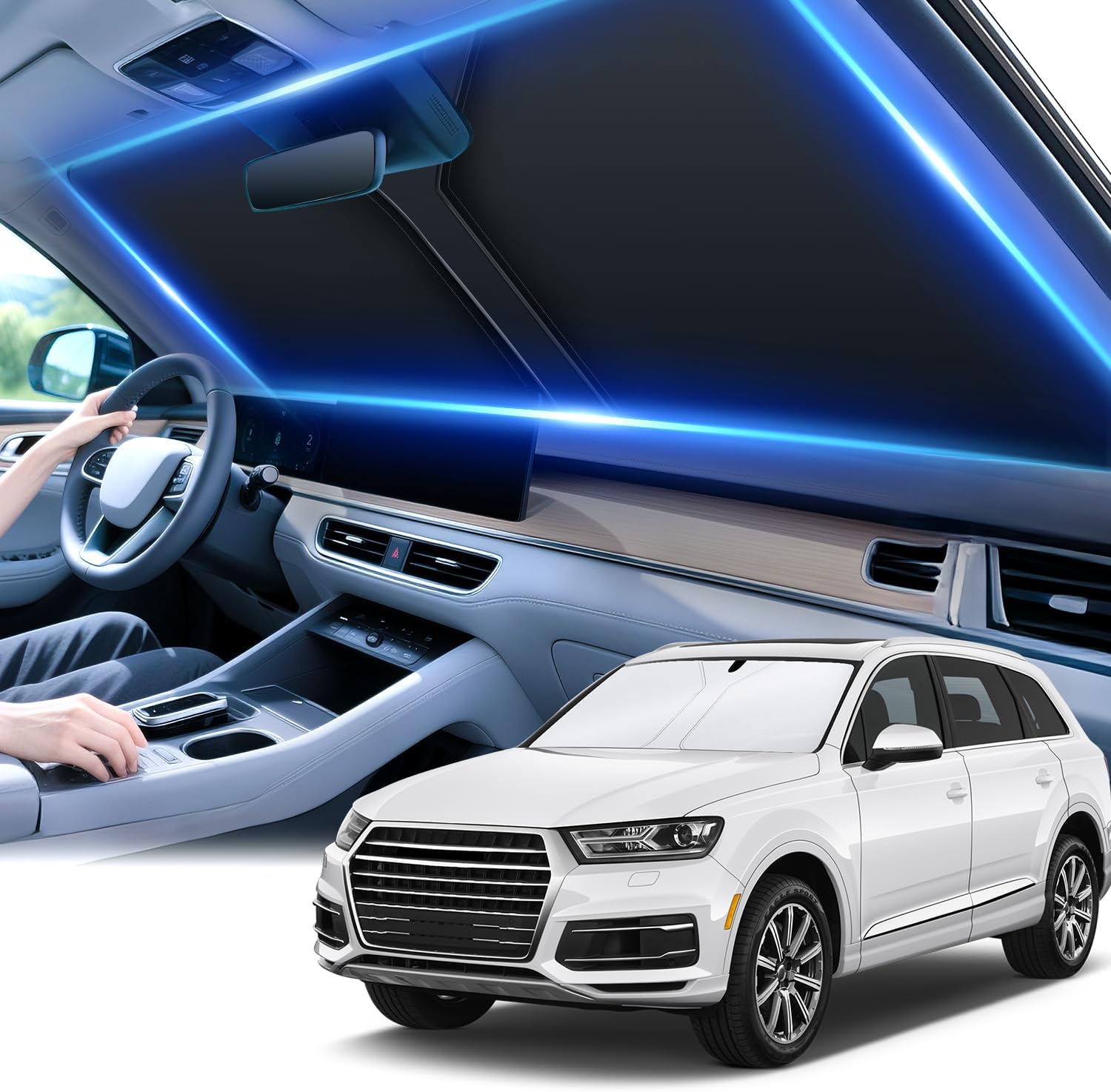 SINGARO 300T Universal Car Windshield Sun Shade, Foldable Reflective for Windshield & Window Shades with Overlapping Design, Car Interior Accessories (55″ L x 26.7″ W)