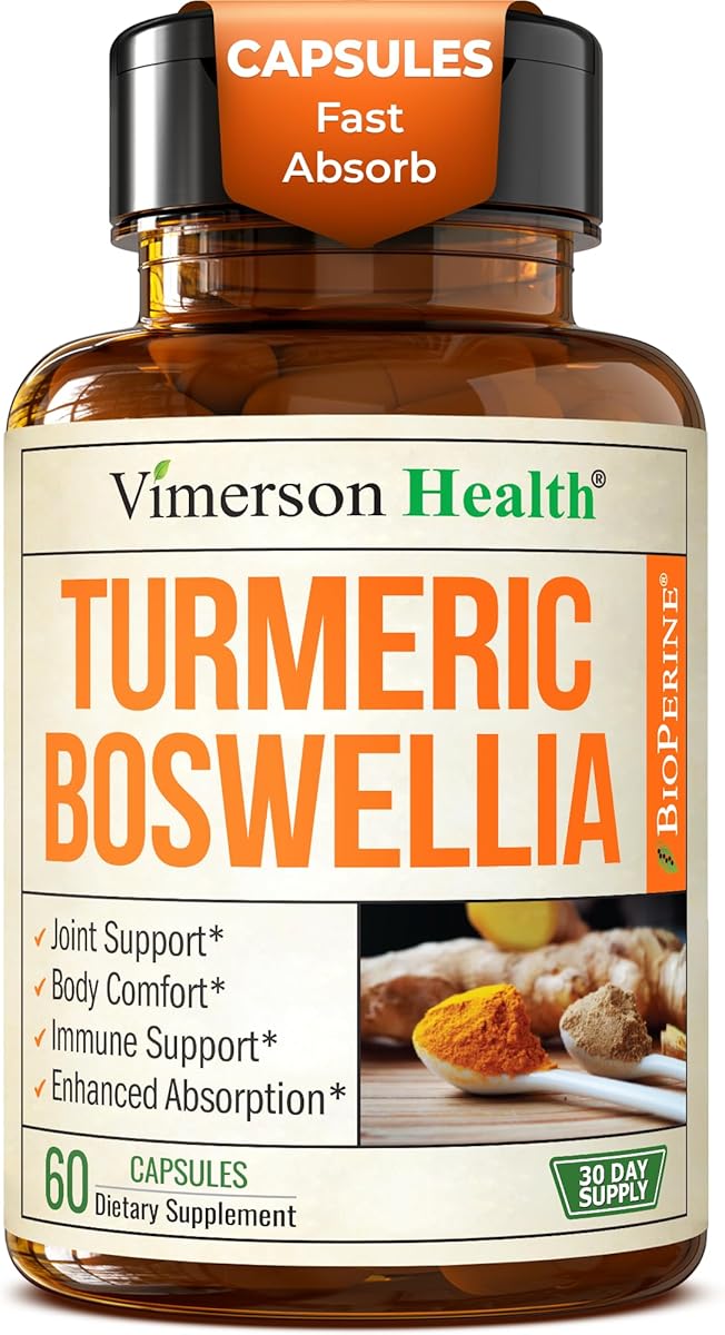 Turmeric Supplement w/Boswellia Serrata – Daily Support for Joint Health & Comfort – Organic Turmeric Curcumin Powder, Bioperine for Enhanced Absorption & Ginger Root – 60 Boswellia Extract Capsules