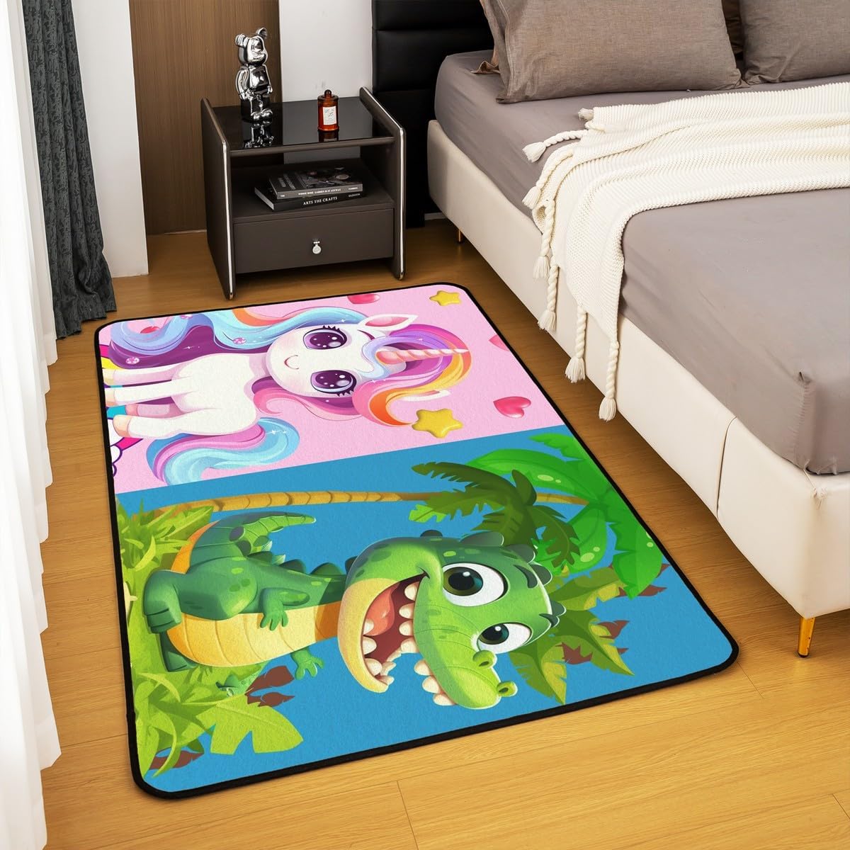 Cartoon Unicorn Dinosaur Area Rug 5x6'6''x0.39'' for Bedside,Boys Girls Watercolor Rainbow Coconut Tree Washable Rug for Bathroom Decor,Colorful Hearts Stars Cute Aniamls Indoor Floor Mat