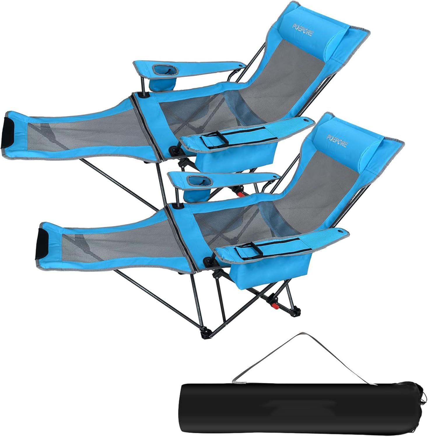 2-Pack Reclining Camping Chair 4 Position with Foot Rest Comfortable for Adults 265Ibs Folding Lounger Mesh Beach Chair with Cooler Bag and Cup Holder for Outdoor Patio