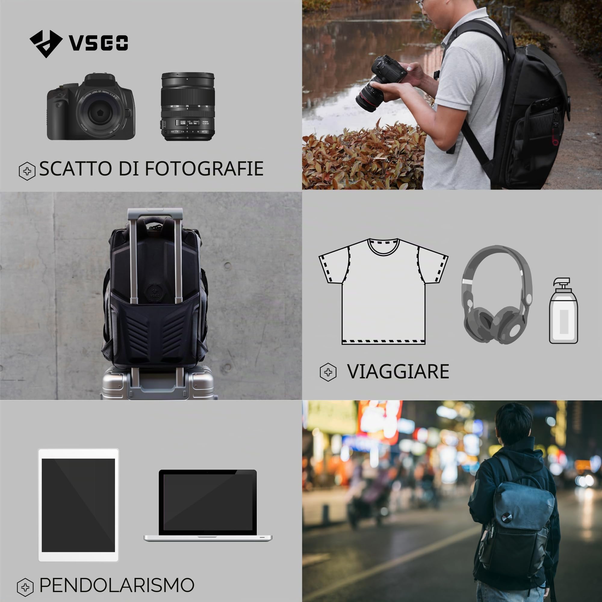 VSGO Zaino per fotocamera professionale DSLR/SLR 20L Zaino di grande capacità, compatibile per fotocamere Sony Canon Nikon