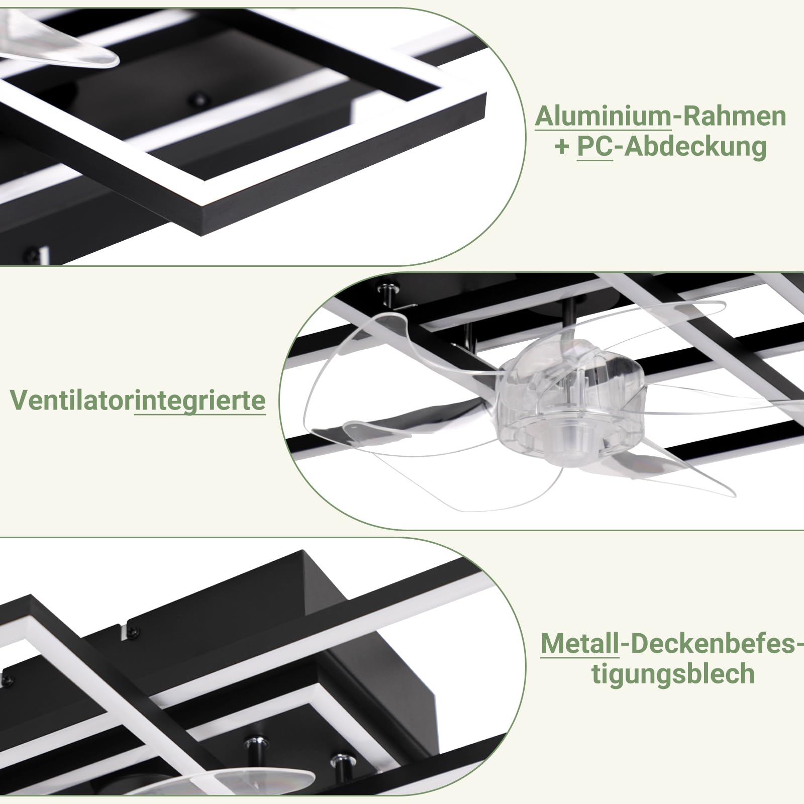 Deckenventilator mit Beleuchtung Deckenleuchte LED Deckenlampe | Schwarz 41W Dimmbar Ventilator Leise mit Light 6 Geschwindigkeiten Wohnzimmerlampe Groß Rechteckig für Schlafzimmer Küche