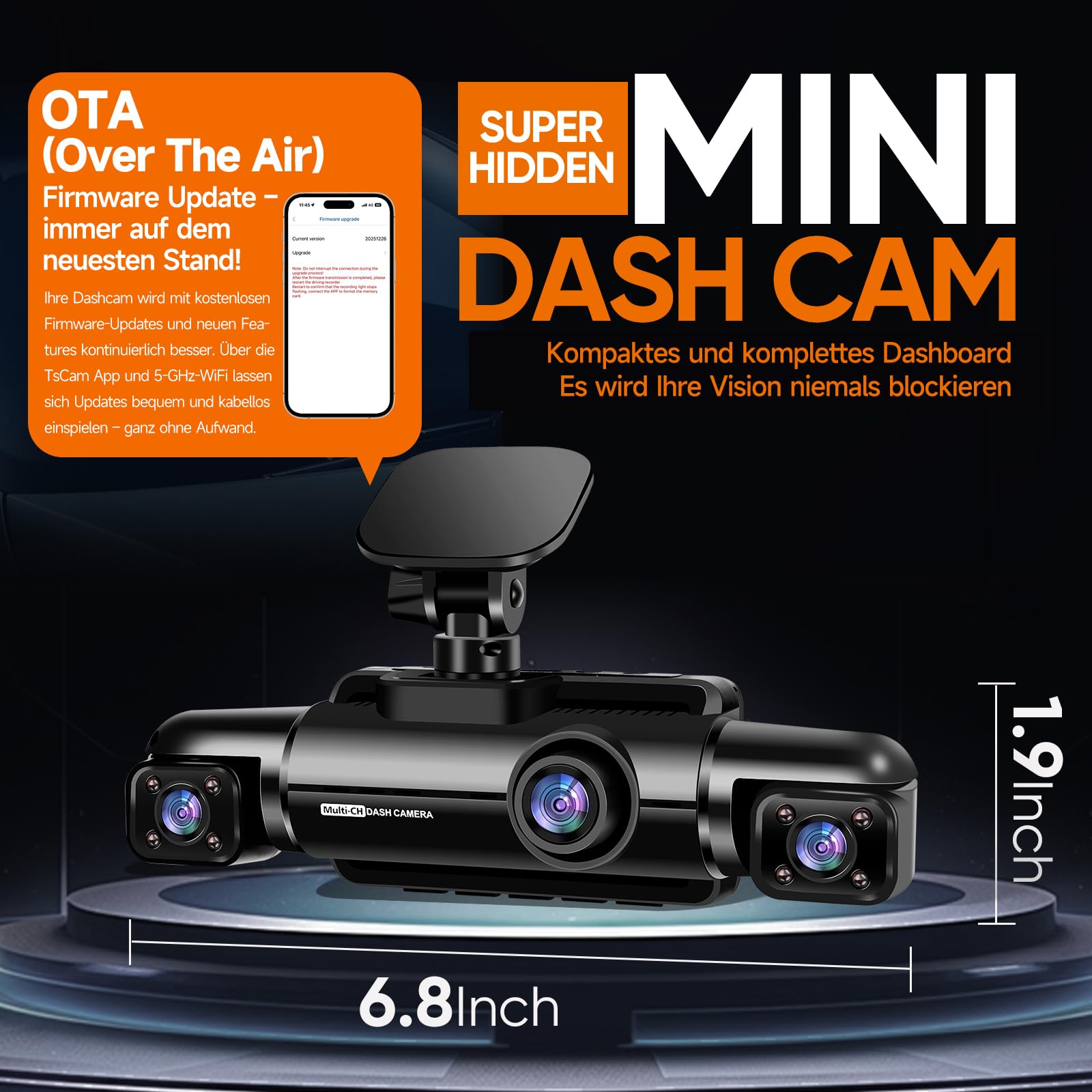 HUPEJOS 4 Kanal Dashcam Auto Vorne Hinten, 4K 360 Grad Kamera Auto, V60