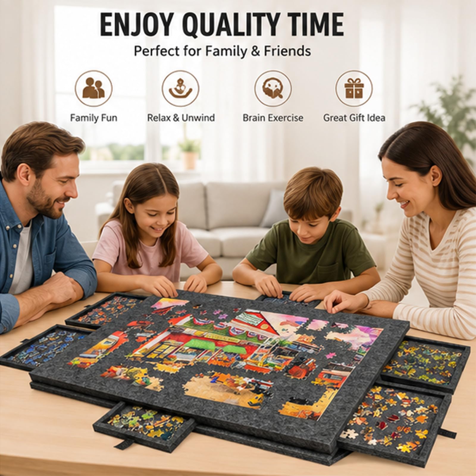 Tablero de rompecabezas, soporte plegable ajustable, tapete portátil con cubierta y 6 cajones, tablero de rompecabezas con 4 bandejas de clasificación plegables para hasta 1000 piezas (gris oscuro)