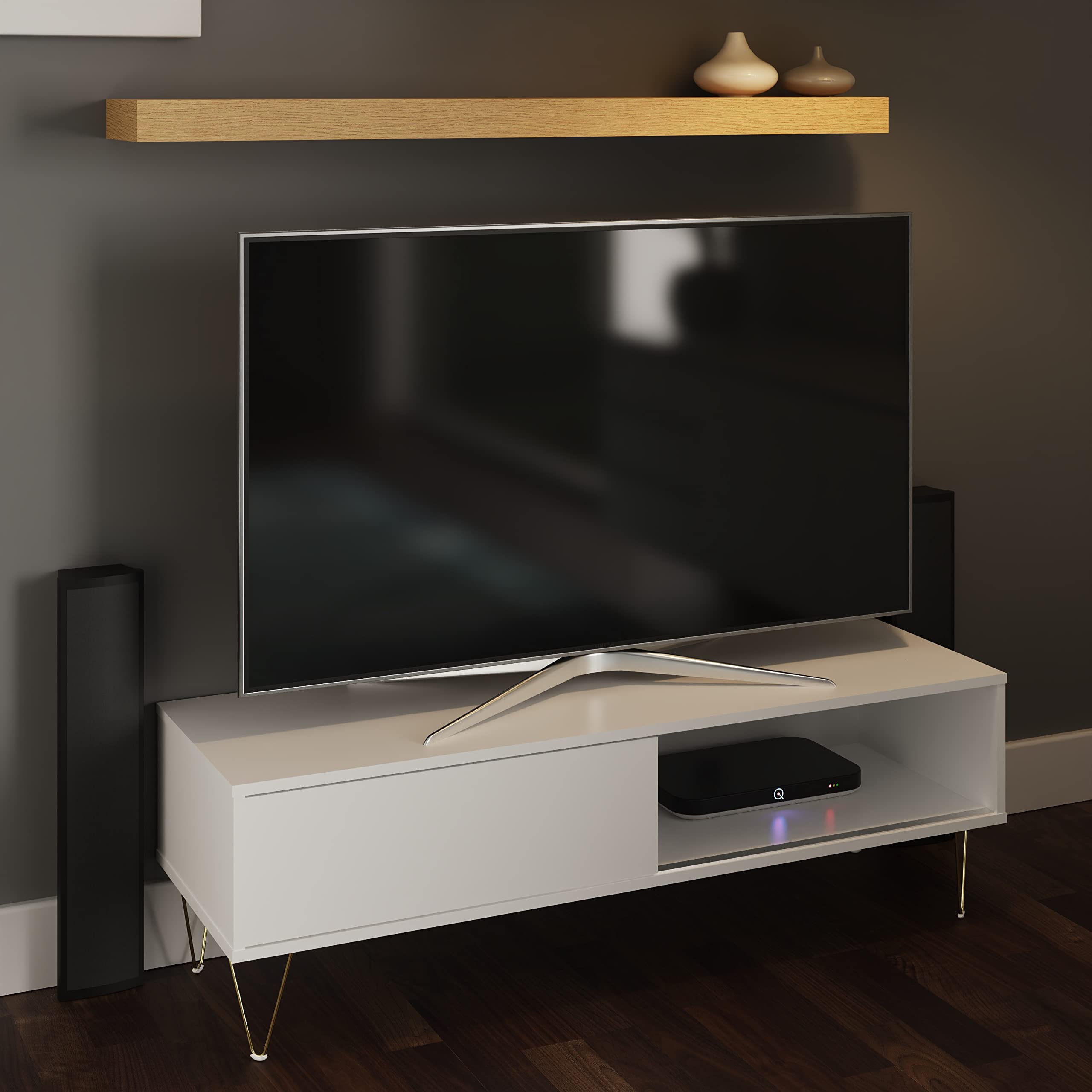 Timber Art Design UK Monaco TV Cabinet Unit with Sliding Door for Media Devices Storage Space Modern Stylish Decor Furniture for Living Room, Office, Hallway in White, H38.5cm x W120cm x D40cm