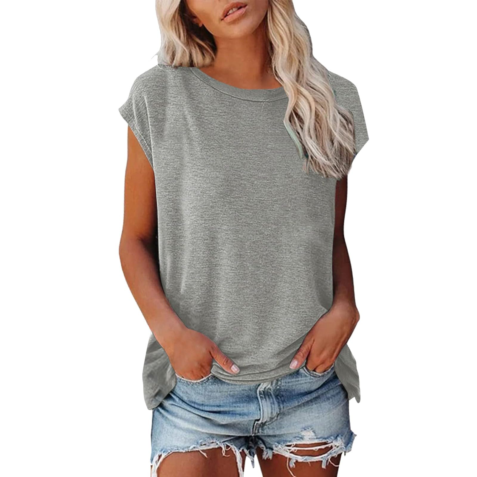 AMDOLE T Shirt Femme Débardeur Col Rond été Décontracté Blouse Chic Et élégant Coton T-Shirts à Manches Courtes Grandes Tailles Couleur Unie Amples Confortables Blouse Tops Hauts Tuniques Pas Cher