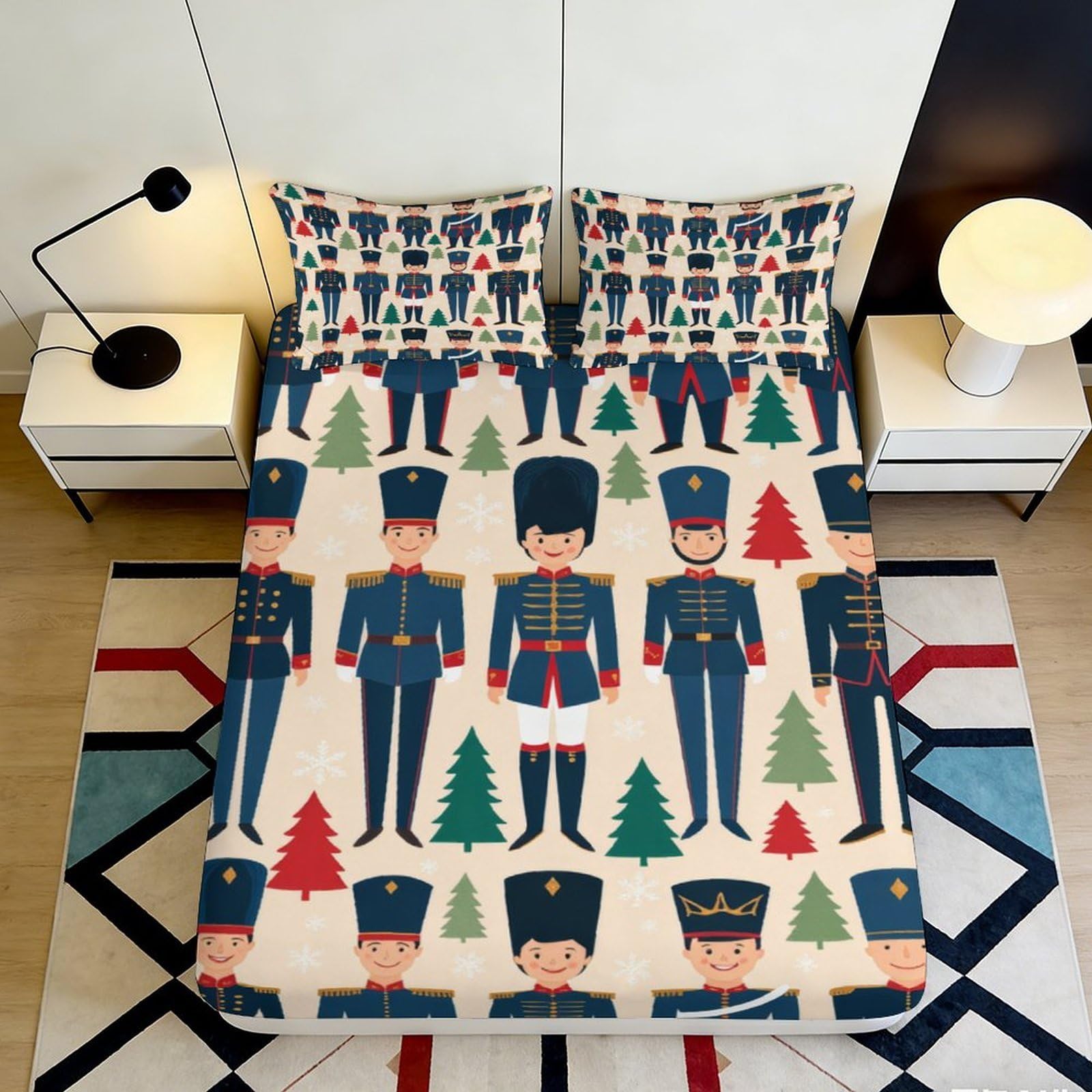 3D Printed Nutcracker Soldiers Fitted Sheet Microfiber Soft Christmas Trees Bed Cover for Bedroom Guest Room Decor 90x200x25cm