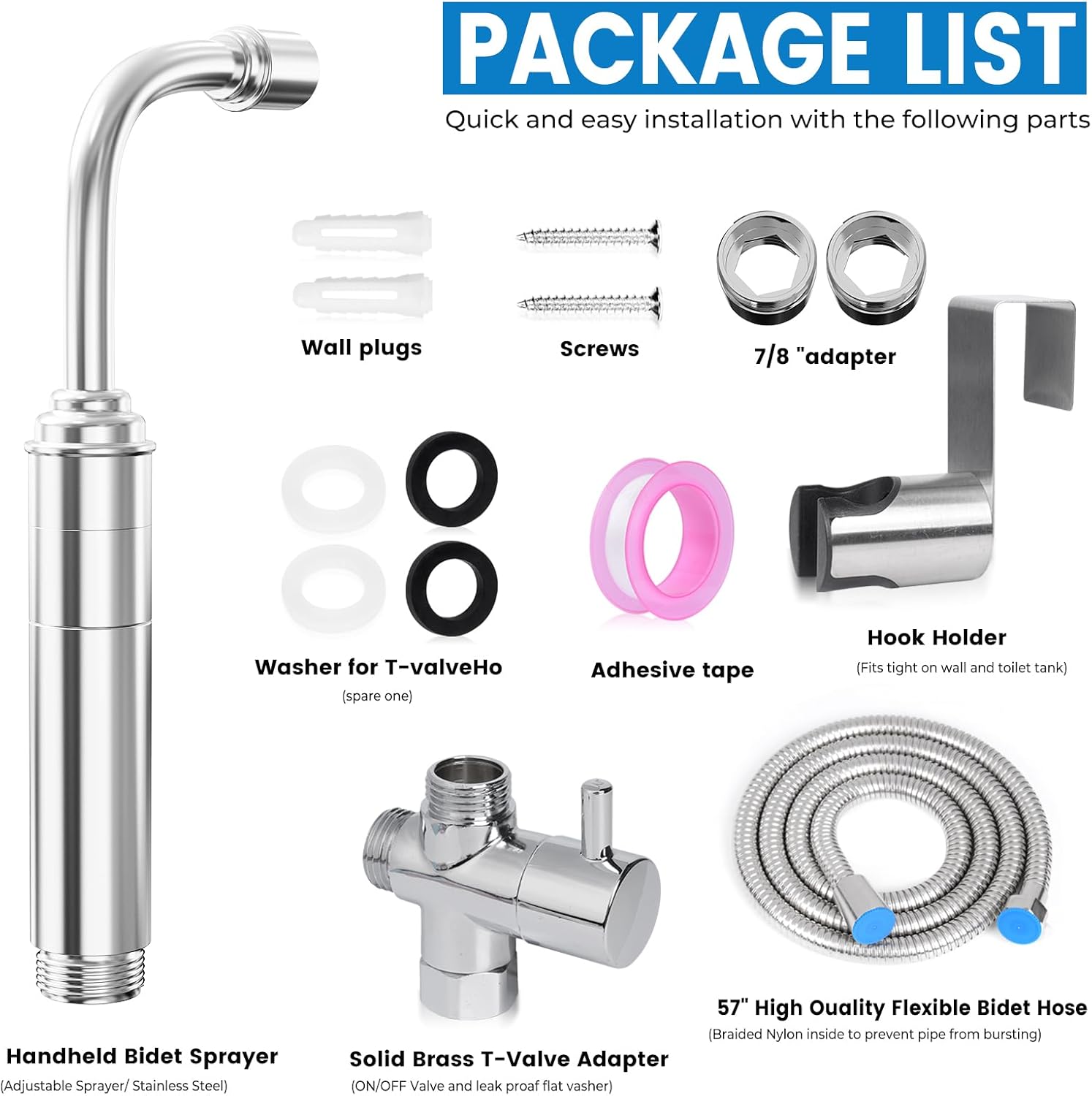 Handheld Toilet Bidet Sprayer for Toilet - Adjustable Flush Angle & Water Pressure for Bathroom Diaper Shower, All Brass Handheld Bidet Sprayer with Superior Complete Spray Hoses Kit (Sliver)