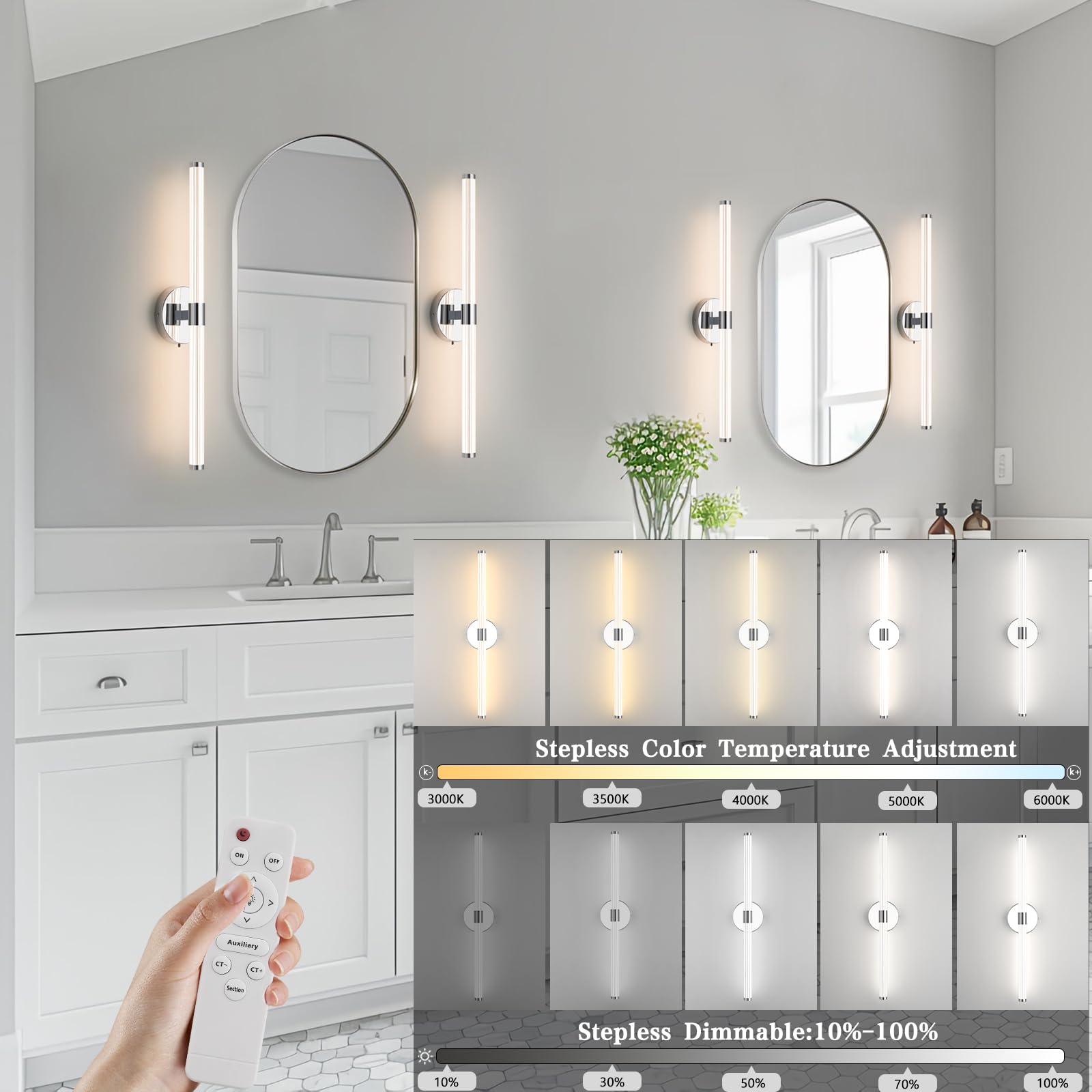 Hardwire Bathroom Vanity Light Fixtures, LED Vanity Light Bar Over Mirror Set of 2 with Remote, Chrome 3000K-6000K & Dimmable Linear Modern Wall Sconce with 360° Full Lighting Acrylic Shade, 24.5 inch